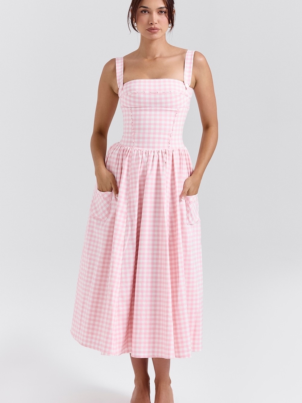 House of CB Vivien Pink Gingham Square-Neck Midi with Pockets